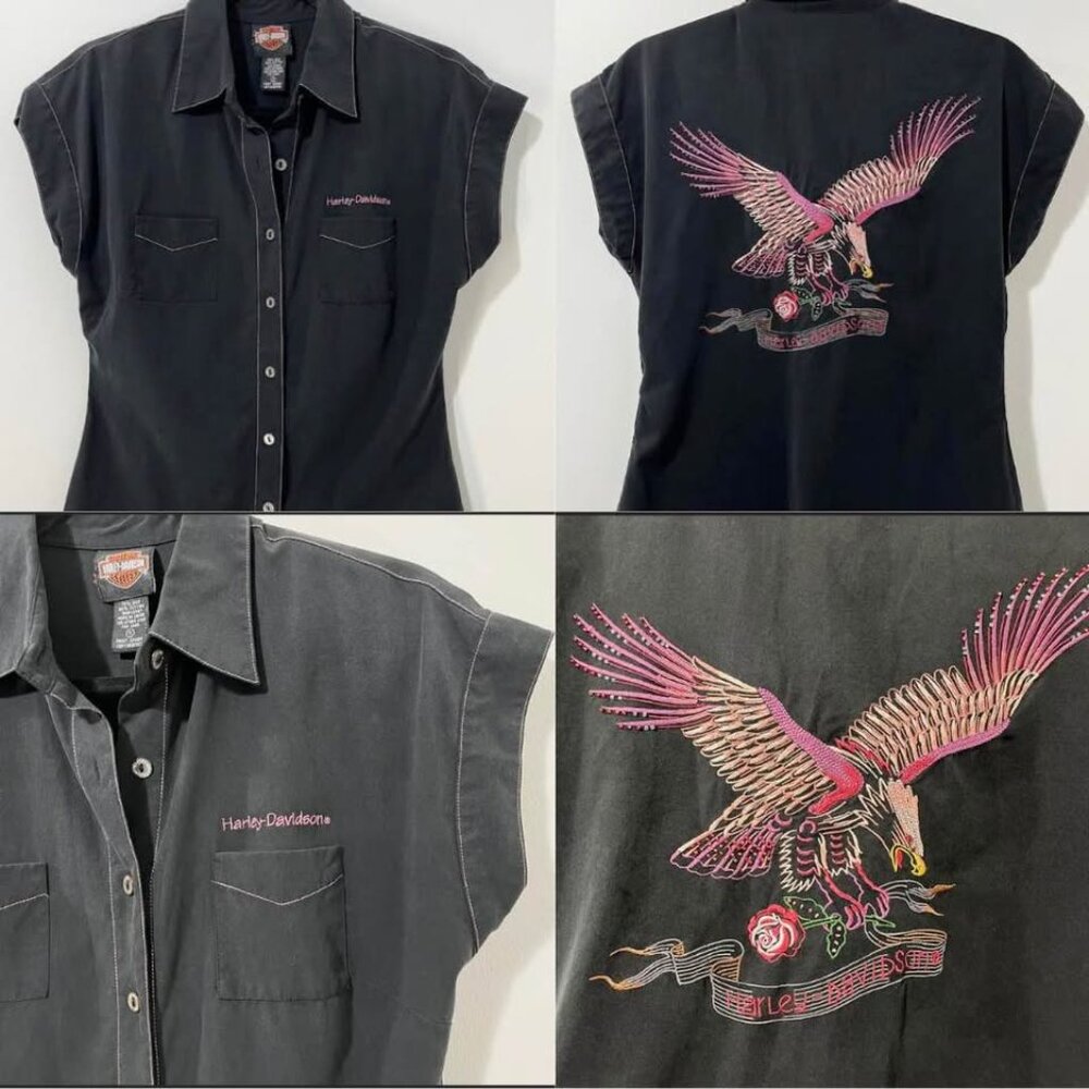 Harley-Davidson Edgy Eagle Statement Button-Down Biker Y2K Short Sleeve [size S] - Picture 2 of 11